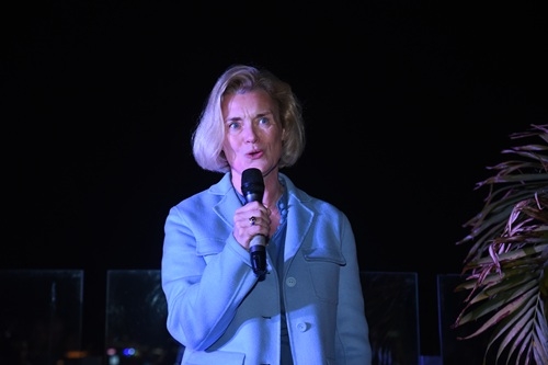 H.E. May-Elin Stener speaking at the official festival dinner on February 1st at taBLU, Hotel Clarks Amer, co-hosted by the Royal Norwegian Embassy.